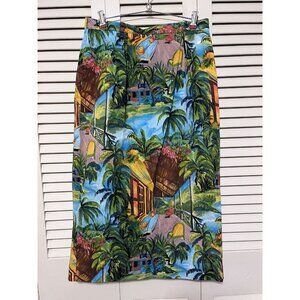Vtg Sharon Young Tropical Hawaiian Tiki Print Straight Pencil Midi Skirt 14